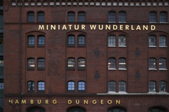 Exterior view of Miniatur Wunderland, Hamburg Dungeon, façade, warehouses, brick buildings,