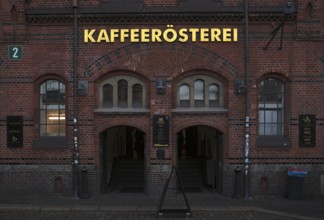 Exterior view of café, coffee roastery, façade, warehouses, brick buildings, Hamburger
