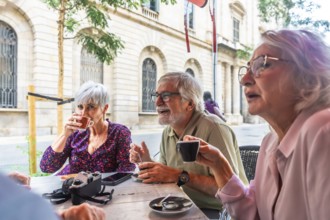 Group of diverse senior friends smiling and interacting socially while drinking coffee at an