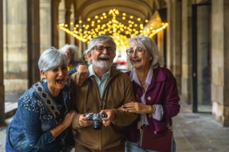 Group of happy senior friends enjoying a vacation together, laughing and having a good time while