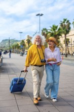 Smiling senior couple embracing a happy retirement, walking together with their luggage through a