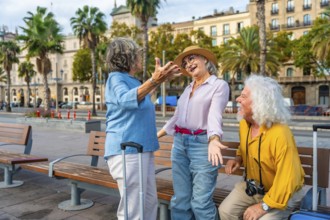 Diverse group of happy senior friends enjoying their city holiday together, laughing and