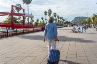 Senior woman walking with a suitcase along a sunny boardwalk lined with palm trees and a