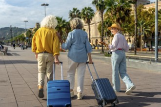 Group of senior women friends walking on a sunny urban promenade, pulling their luggage, and