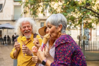Senior friends laughing and enjoying gelato on a sunny city street, sharing joyful conversation and