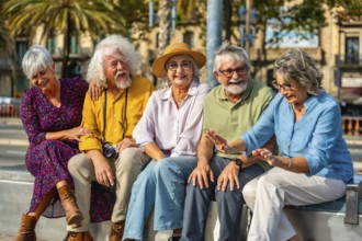 Five senior friends spending time together outdoors, happily socializing and having a conversation