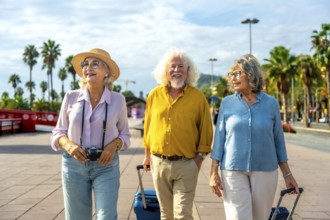 Senior men and women walking outdoors with luggage and a camera, enjoying a tropical leisure trip