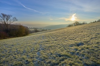 Soft sunlight and frost over a range of hills on a clear morning, Seckmauern, Lützelbach, Maintal,
