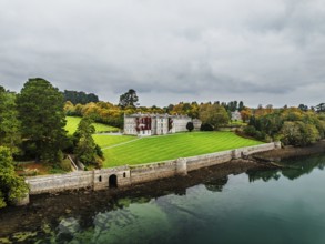 Autumn over Plas Newydd House from a drone, Gardens and Parkland, Llanfairpwllgwyngyll, Anglesey,