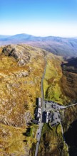 Autumn colours of Pen-y-Pass over Miner's Track, Start Point and road A4086 from a drone,
