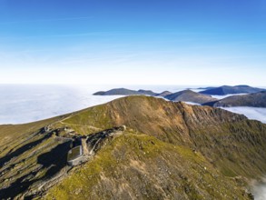 Snowdon and Snowdon Massif from a drone, Snowdon Range, Snowdonia, North Wales, UK
