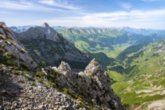 View from Lisengrad into Toggenburg with Churfirsten, Alpstein, Appenzell, Switzerland