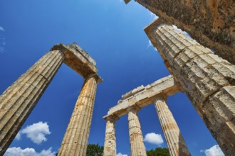 View of ancient ruins and columns in Greece, Nemea, Ancient Zeus Church, Archaeological Site,