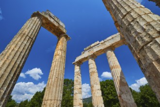 Ancient columns and ruins under blue sky, Nemea, Ancient Zeus Church, Archaeological Site,