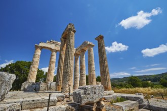 Ancient columns in a vast landscape under clear sky, Nemea, Ancient Zeus Heightum, Archaeological