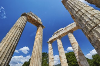 View of ancient columns and ruins with clear skies, Nemea, Ancient Zeus Heightum, Archaeological