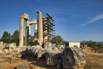 Ancient columns with landscape in the background. Ruins and Nature, Nemea, Ancient Temple of Zeus,
