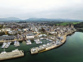 Caernarfon Castle from a drone, Caernarfon, Gwynedd, North-West Wales, UK