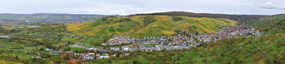 Panoramic view of an autumn-colored wine village surrounded by green hills and colorful vineyards,