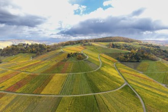 Panoramic view of colorful hills and vineyards under a partly cloudy sky, autumn,