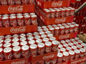 Pallet with cans drinking cans beverage cans of soft drink Coca-Cola Coke Coca Cola, Germany