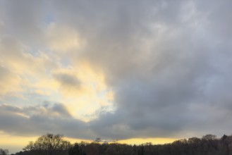 Sky over forest edge at dusk with left clouds Cumulus fractus right gray Stratocumulus,