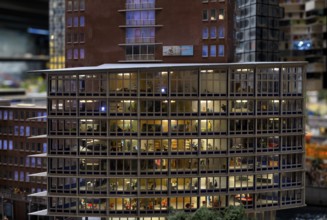 Interior view, replica of an office building in Monaco, miniature picture, night view, Miniature