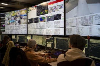 Interior view, control center, central control panel with screens, monitors, Miniatur Wunderland,