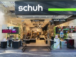 Schuh shop store in city centre shopping area, Princesshay, Exeter, Devon, England, UK