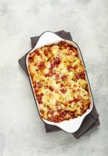 Macaroni with cheese and bacon, baked, homemade, no people