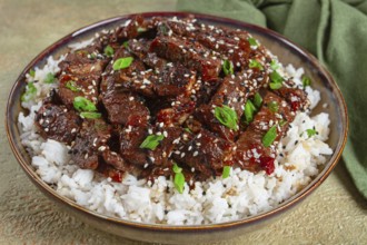 Crispy beef, with green onions and sesame seeds, on a rice pad, in a bowl with chopsticks, on a
