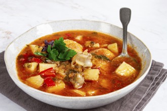 Souzi soup. Georgian dish, meat with oats, tomato sauce and herbs