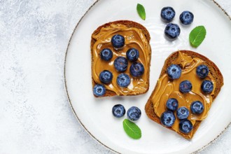 Rye bread with peanut paste and fresh blueberries, top view, no people