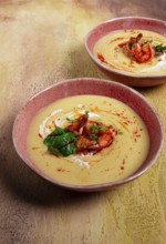 Pumpkin cream soup with shrimp, herbs and spices, homemade, no people
