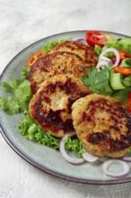 Fried chicken cutlets, minced chicken, with vegetables, on gray, with vegetable salad, top view,