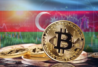 Bitcoin with Azerbaijan flag in the background. Investors in cryptocurrency and Blockchain