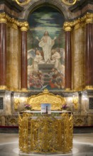 Interior view, celebration altar, choir, altar, main evangelical church of St. Michaelis, Michel