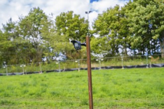 Camera on a post with grass and trees in the background under a blue sky, Bau PV Freifaechenanlage,