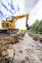 A yellow excavator in a deep ditch surrounded by nature under a cloudy sky, construction PV