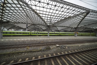 Flixtrain train and glass roof in Cologne Central Station, Cologne, Rhineland, North
