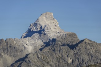 Mountain panorama from the Koblat-Höhenweg on the Nebelhorn across the Obertal with lush green