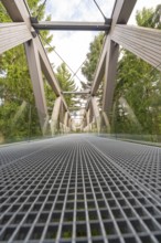 Architecturally impressive metal and wood bridge with glass railing against a wooded background,