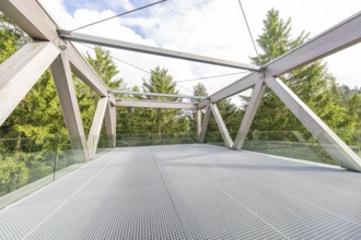 Viewing platform with metal mesh floor and wooden structure, surrounded by green trees and sky,