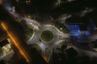 Illuminated roundabout at night with surrounding roads, Nagold, Calw district, Germany