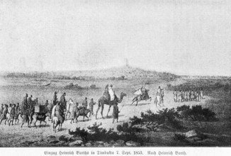 Entry of German explorer Heinrich Barth into Tumbuktu on September 7, 1853, southern Sahara rim,