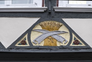 Decoration on half-timbered house, Barfüsserstraße, Marburg, Hesse, Germany