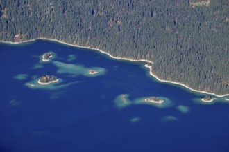 View of Lake Eibsee lake from the mountain station of the Zugspitz cable car (2962 m), Grainau