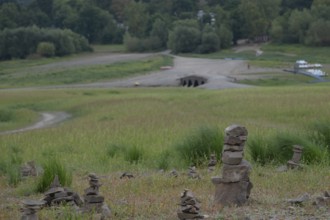 View of Old Bridge Asel, Edersee without water, Hesse, Germany