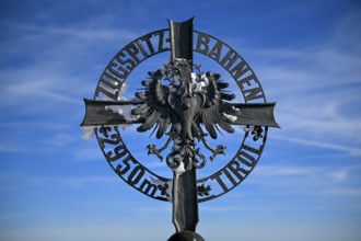 Cross at the mountain station of the Zugspitz cable car, Austrian side, municipality of Ehrwald,