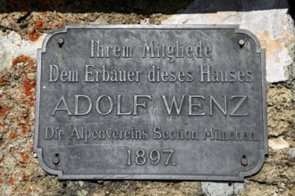 Memorial plaque at the Munich House at the mountain station of the Zugspitze cable car (2962 m),
